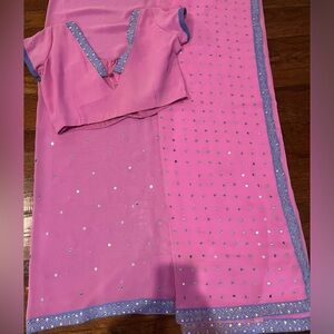 Beautiful pink with mirrored saree pastel blue border